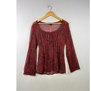 Anxiety Sheer Mesh Blouse Women Large Red Black Paisley Empire Waist Bell Sleeve